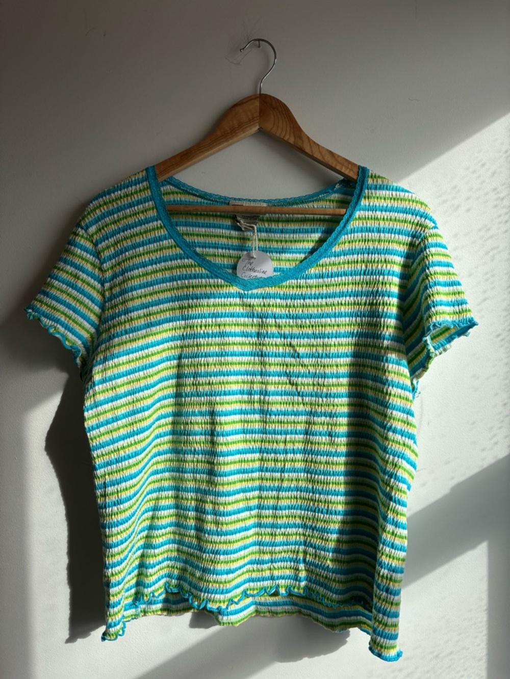 Faded Glory Striped Short Sleeve Ruffle Hem Tee - Blue, Green, White